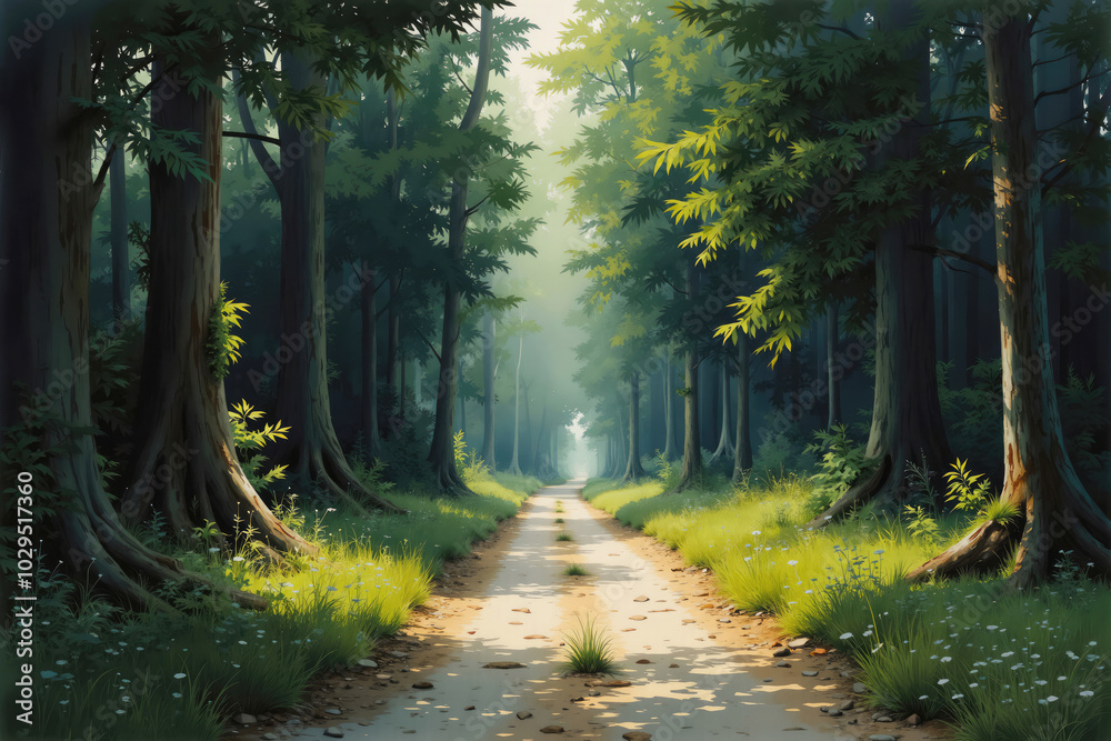 Fototapeta premium Sunlight reaching dirt road passing through green forest