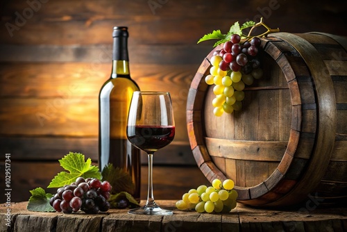 Wine barrel with bottle, grapes, and glass of wine in extreme close-up