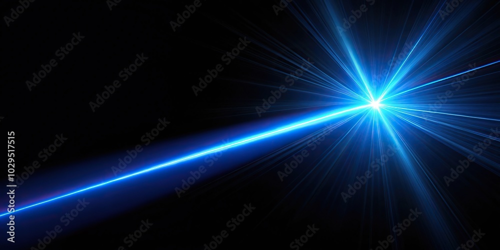 Panoramic reflective blue laser light ray on black background