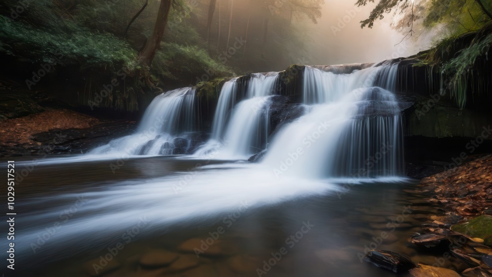 A serene waterfall flows over moss-covered rocks, surrounded by soft morning fog. The misty atmosphere and gentle flow of water create a peaceful and calming natural scene A serene waterfall flows over moss-covered rocks, surrounded by soft morning fog. The misty atmosphere and gentle flow of water create a peaceful and calming natural scene