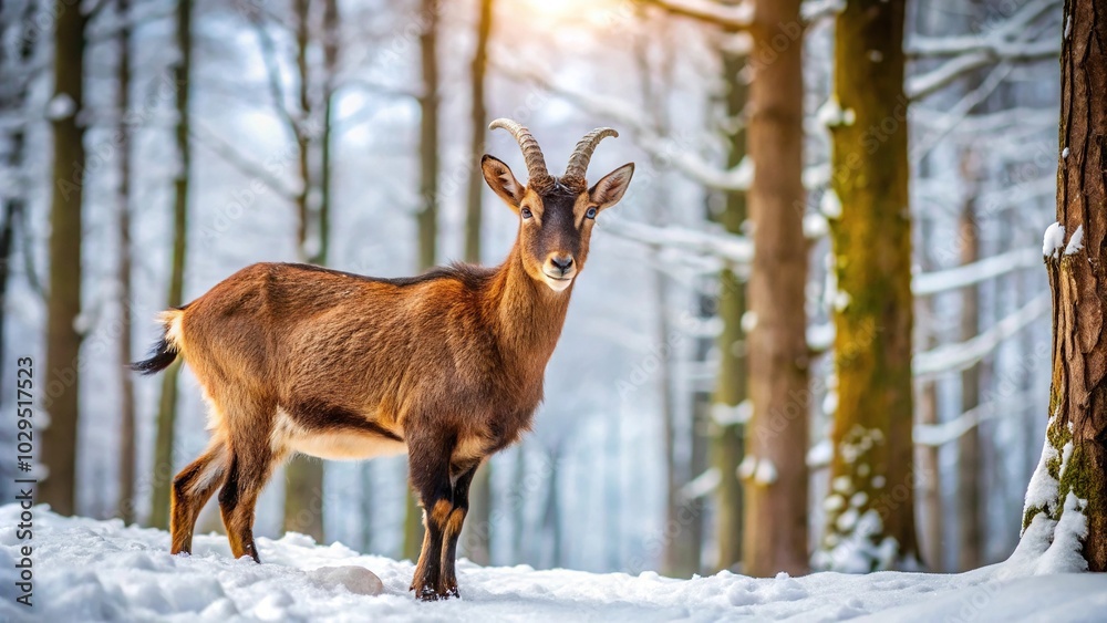 Winter forest scene with brown goat standing in snowdrifts Winter forest scene with brown goat standing in snowdrifts