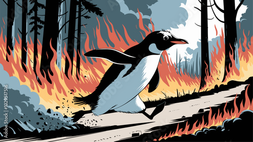 Dramatic penguin escaping a forest in flames, with its black and white feathers contrasting sharply against the intense heat and smoke.