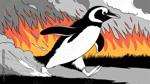 Dramatic penguin escaping a forest in flames, with its black and white feathers contrasting sharply against the intense heat and smoke.