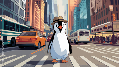 Engaging penguin exploring a bustling city street, with skyscrapers and traffic providing a lively contrast to its natural habitat.