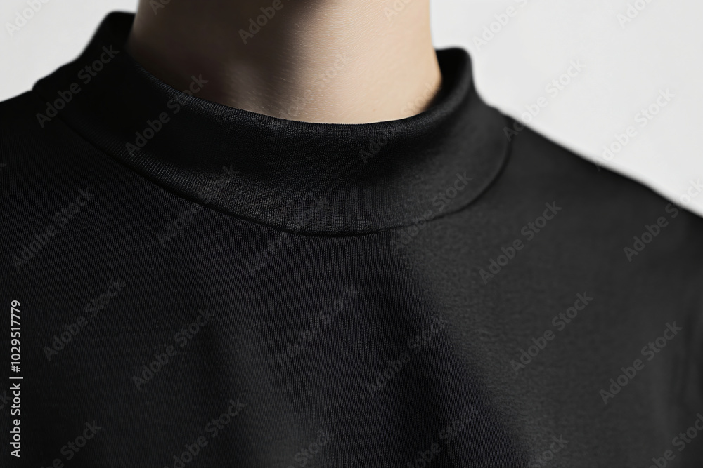 Fashionable oversized black T-shirt on a guy on a white background. Mockup close-up shot of the neck, presentation and advertising of the brand, merch and clothing stores. Showroom sale Fashionable oversized black T-shirt on a guy on a white background. Mockup close-up shot of the neck, presentation and advertising of the brand, merch and clothing stores. Showroom sale
