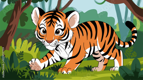 Depicts the playful and curious nature of a tiger cub exploring its surroundings.