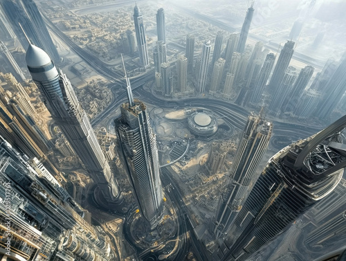 Stunning aerial view of Dubai's futuristic skyline showcasing towering skyscrapers at twilight photo