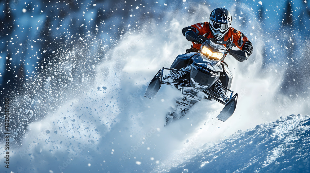 A snowmobile rider hitting a jump during a race flying through the air with snow kicking up behind. A snowmobile rider hitting a jump during a race flying through the air with snow kicking up behind.