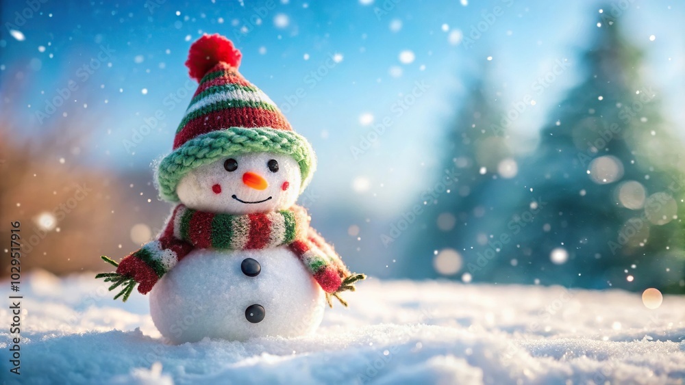 Winter scenery with a Christmas snowman on snowy background Winter scenery with a Christmas snowman on snowy background