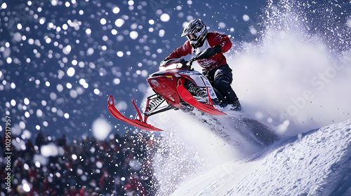 A snowmobile rider hitting a massive jump in a freestyle competition with snow spraying off the vehicle and the crowd cheering below.