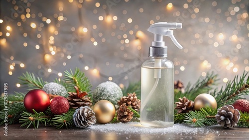 Winter themed spray bottle with festive decorations, snowy background