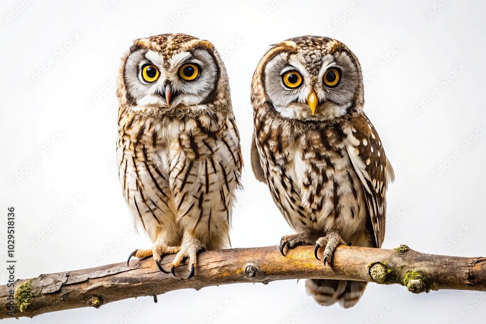 Wise owl perched on tree branch on white background Wise owl perched on tree branch on white background