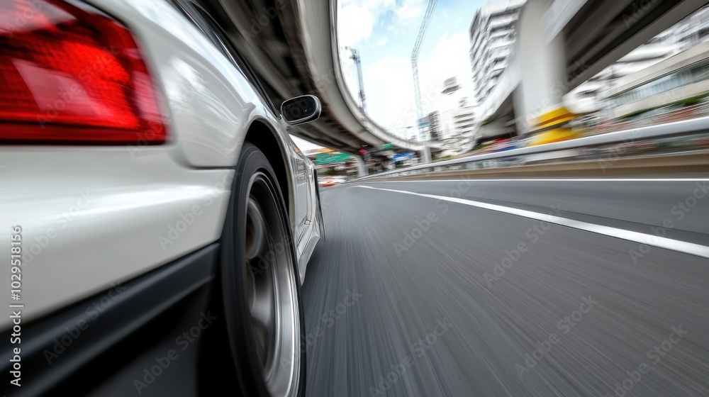 Dynamic urban speed on highway overpass - motion blur with cityscape background for digital media and automotive design Dynamic urban speed on highway overpass - motion blur with cityscape background for digital media and automotive design