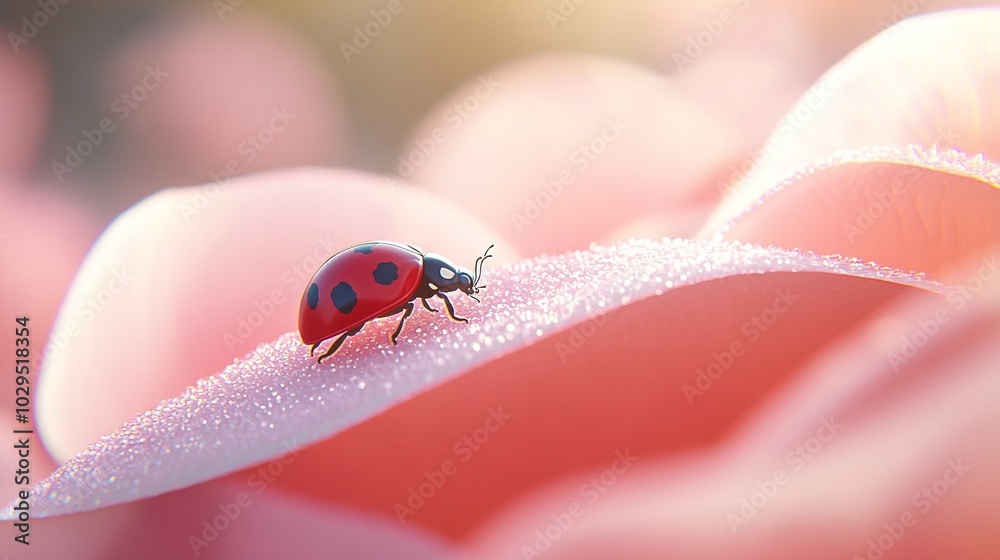 A ladybug rests on a pink flower with water droplets on its petals, set against a blurred backdrop A ladybug rests on a pink flower with water droplets on its petals, set against a blurred backdrop