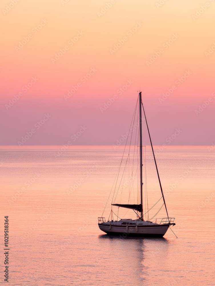 A peaceful sailboat floats on smooth waters as the colorful sunset casts a tranquil atmosphere in the sky A peaceful sailboat floats on smooth waters as the colorful sunset casts a tranquil atmosphere in the sky