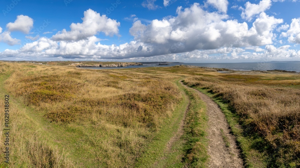 Fototapeta premium Expansive coastal landscape under dramatic sky for nature photography and travel design