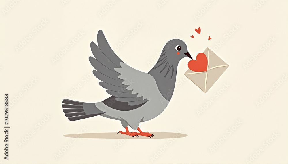 Fototapeta premium Cute Pigeon Messenger Delivering Love Letter Against Beige Background
