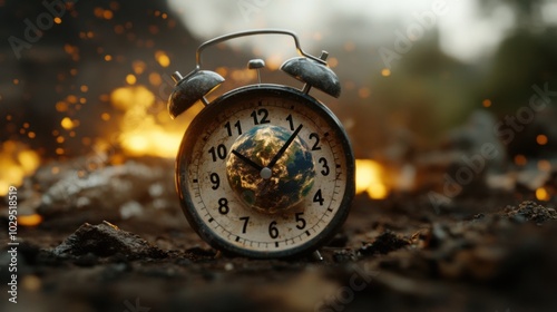Extinction countdown timer with earth on alarm clock in fiery background for environmental awareness