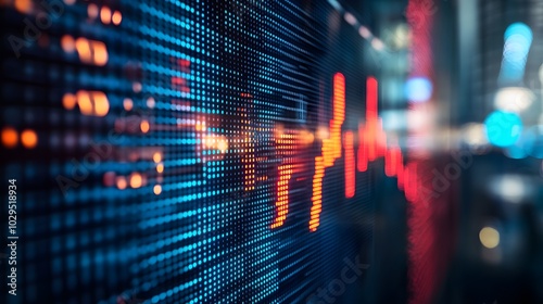 Close up shot on digital screen data value of stock market change and volatility prices profit or loss
