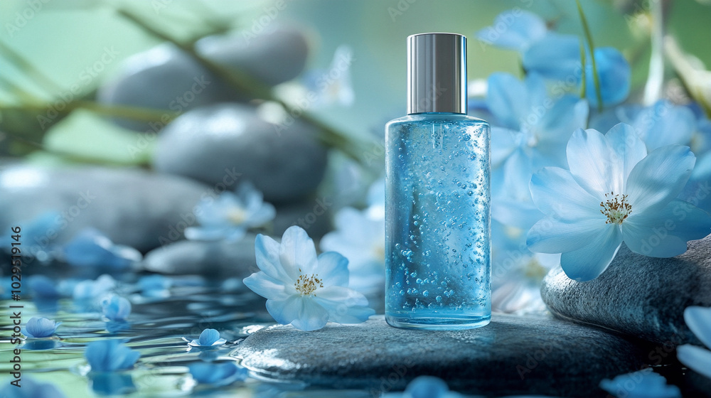 Product photo: Blue Serum in a spa environment with blue flowers Product photo: Blue Serum in a spa environment with blue flowers