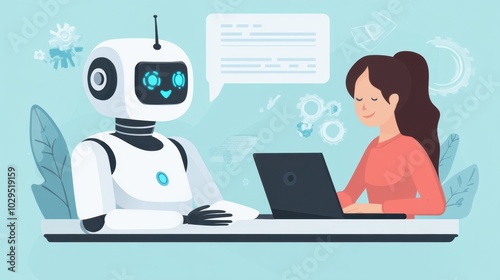 AI robot works with a corporate office worker as a helper and assistant