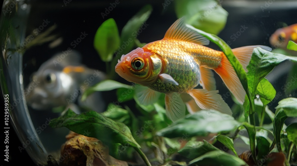Goldfish in aquarium with lush green plants for home decor and pet care Goldfish in aquarium with lush green plants for home decor and pet care