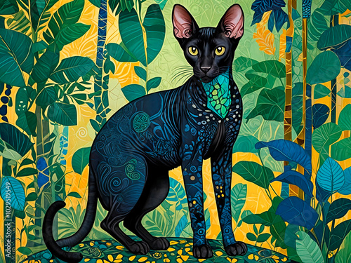 a black oriental short hair cat in a jungle with also geometrical blue and green patterns - generated by ai photo