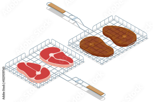 Isometric Grilled meat, sausage on a grill grate. BBQ scene featuring a grill with various meats. The setup captures the essence of outdoor barbecue, perfect for gatherings and casual summer cooking