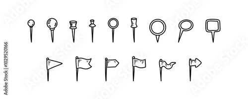 Push pin doodle set. Location, paper, document, dashboard, sewing note, map pins and flags. Hand drawn sketch vector illustration. Navigation thumbtack. Needles for fixing paper