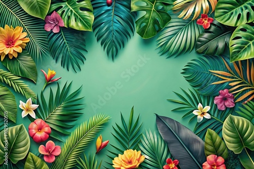 Panoramic tropical leaves and flowers pattern on a green background