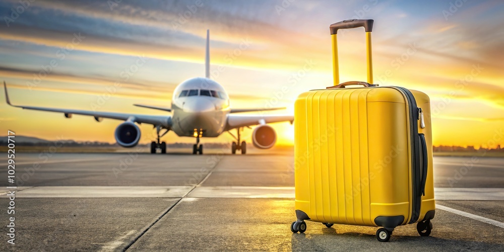 Yellow suitcase by airplane on runway ready for air travel Yellow suitcase by airplane on runway ready for air travel