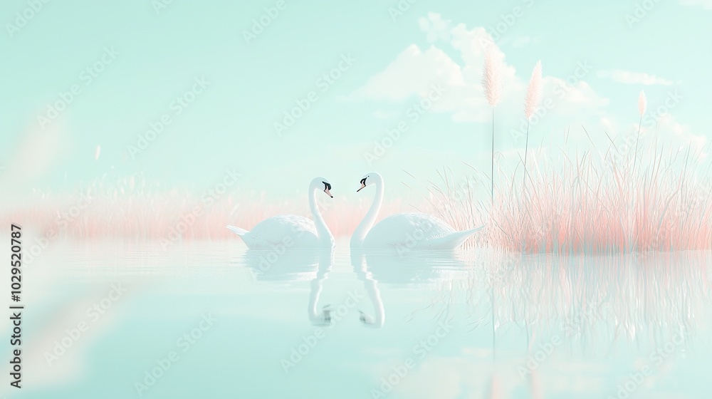 A pair of white swans glide atop a tranquil lake, surrounded by tall, grassy shores adorned with vibrant pink blossoms A pair of white swans glide atop a tranquil lake, surrounded by tall, grassy shores adorned with vibrant pink blossoms