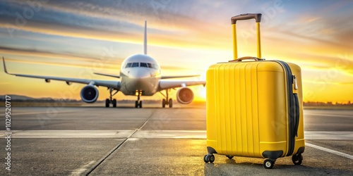 Yellow suitcase by airplane on runway ready for air travel