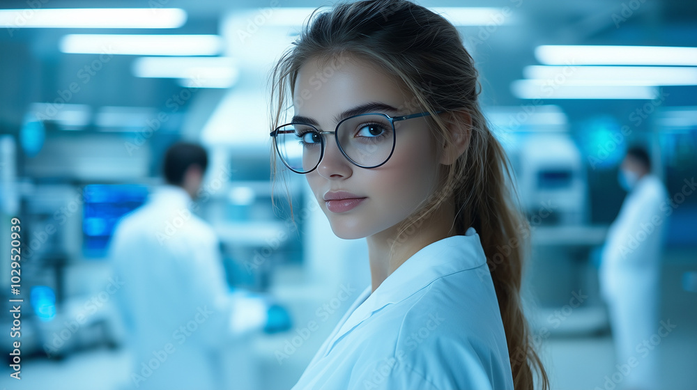 Beautiful young woman in a white coat and glasses working in a modern medical science laboratory with specialists in the background Beautiful young woman in a white coat and glasses working in a modern medical science laboratory with specialists in the background