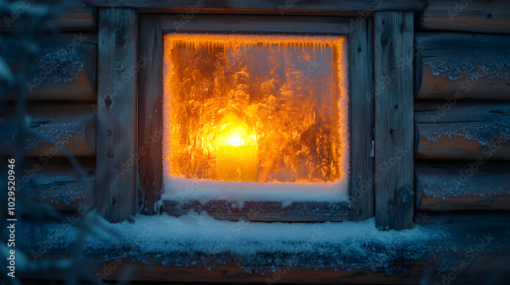 Obraz premium A wooden cabin window frosted with ice with soft candlelight glowing from inside.