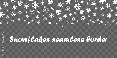 snowflakes seamless border. A lot of different snowflakes randomly fall from above. isolated on a checkered background. element for background, cards, greetings, header for the website