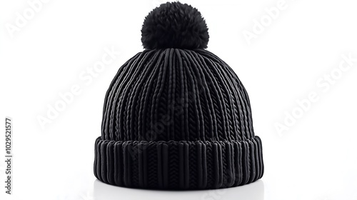 Black Knitted Winter Hat with Pom-Pom 