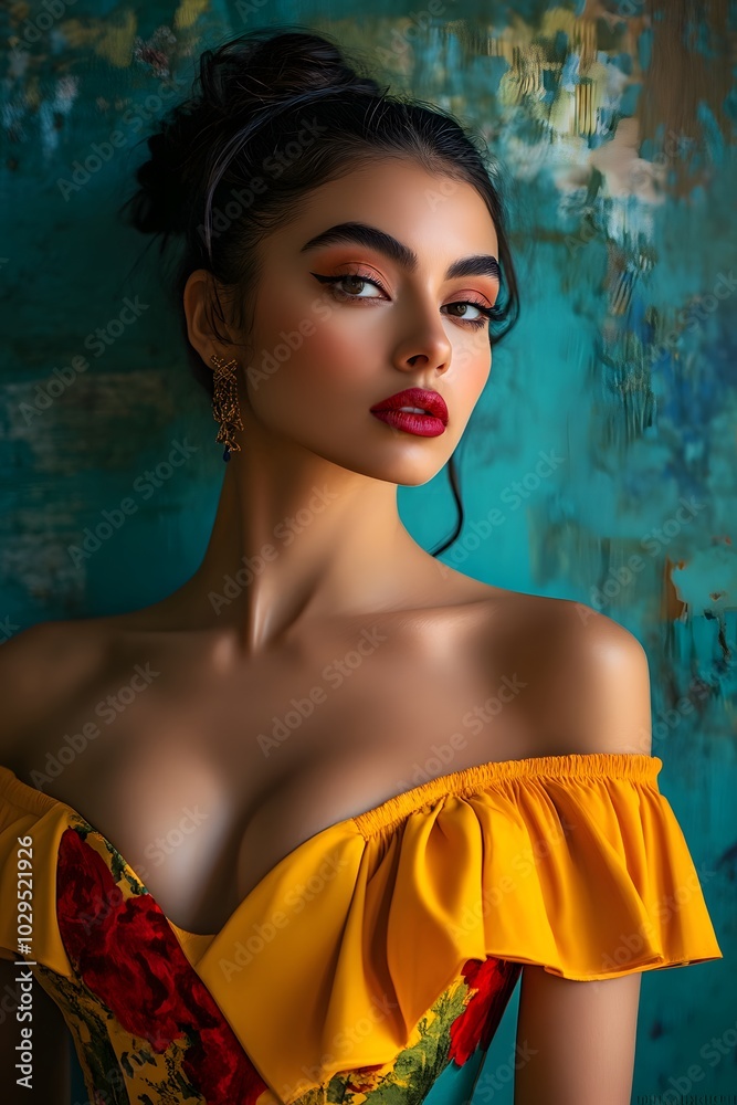 Latin American woman in a bold dress with a sensual neckline Latin American woman in a bold dress with a sensual neckline