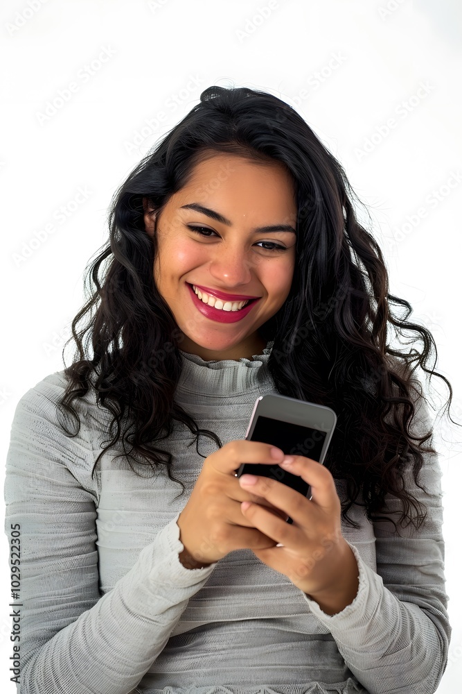 Latin American woman using smartphone smiling on white background Latin American woman using smartphone smiling on white background