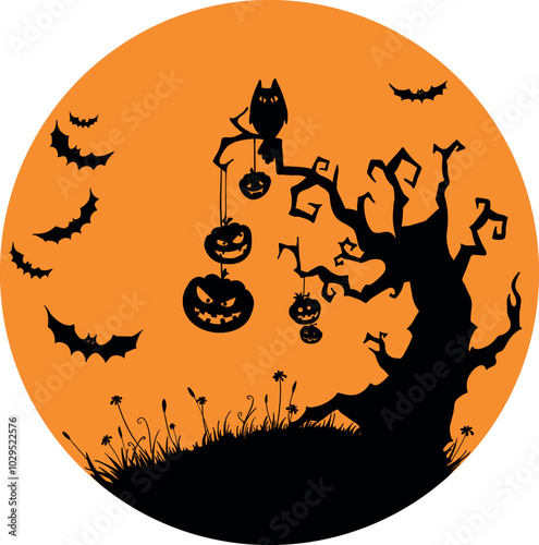 Spooky Halloween Scene with Pumpkins, Bats, and an Owl on a Gnarled Tree - Festive Halloween Decor