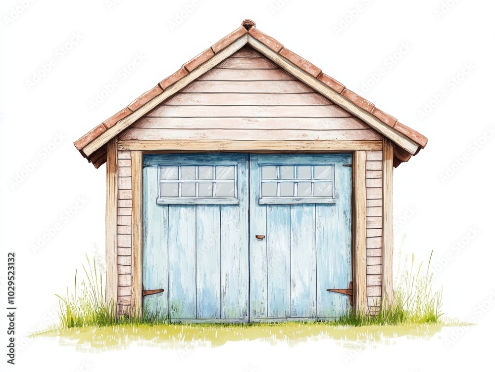 Charming wooden shed with blue doors and a sloped roof, white isolate background. Charming wooden shed with blue doors and a sloped roof, white isolate background.