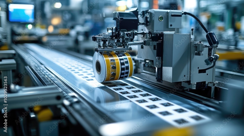 Fototapeta premium Automated Industrial Printing Machine in Action at a Modern Manufacturing Facility