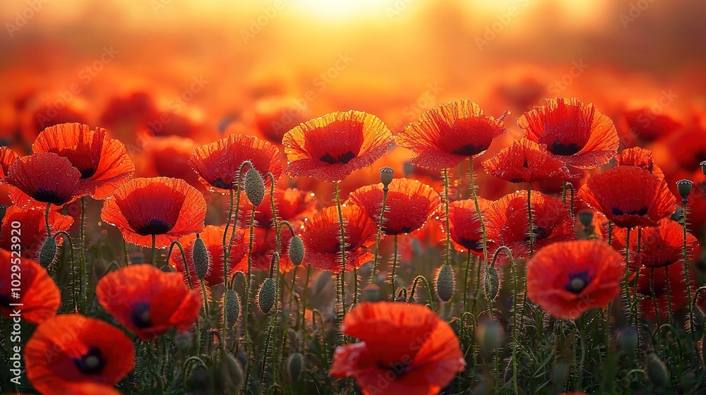 Obraz premium A sun-shining cloud mid shot of a field full of red flowers, with green grass in the foreground