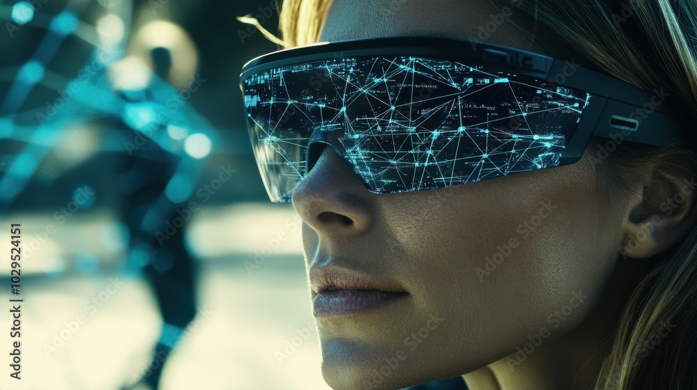 Woman uses a virtual interface in AR goggles to observe augmented reality in her surroundings Woman uses a virtual interface in AR goggles to observe augmented reality in her surroundings