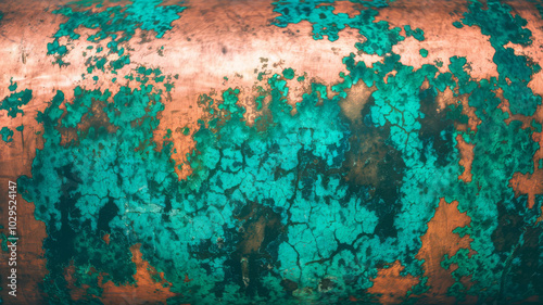 Copper surface with uneven green and turquoise patina, featuring cracks and organic patterns for a textured look