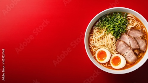 Steaming Ramen Bowl with Egg, Slices of Pork, and Vegetables in White Bowl Against Red Background, Minimalistic Layout with Copy Space for Japanese Cuisine Advertising or Food Promotion

