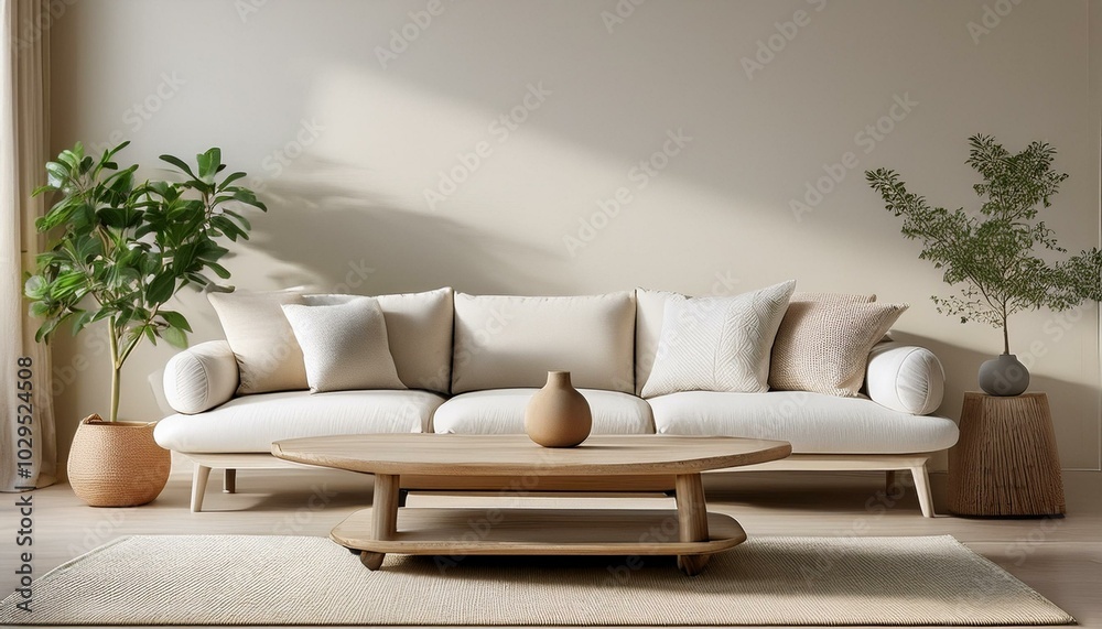 Clean Scandinavian living space with a white linen couch, a light wood coffee table, and a n Clean Scandinavian living space with a white linen couch, a light wood coffee table, and a n