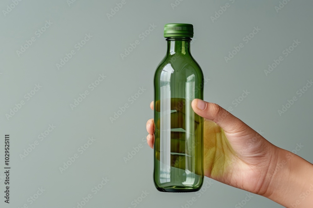 Fototapeta premium A hand holding a clear glass bottle against a subtle green background in soft lighting