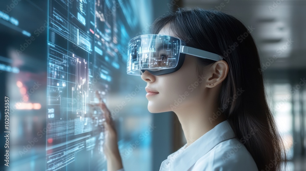Woman uses a virtual interface in AR goggles to observe augmented reality in her surroundings Woman uses a virtual interface in AR goggles to observe augmented reality in her surroundings