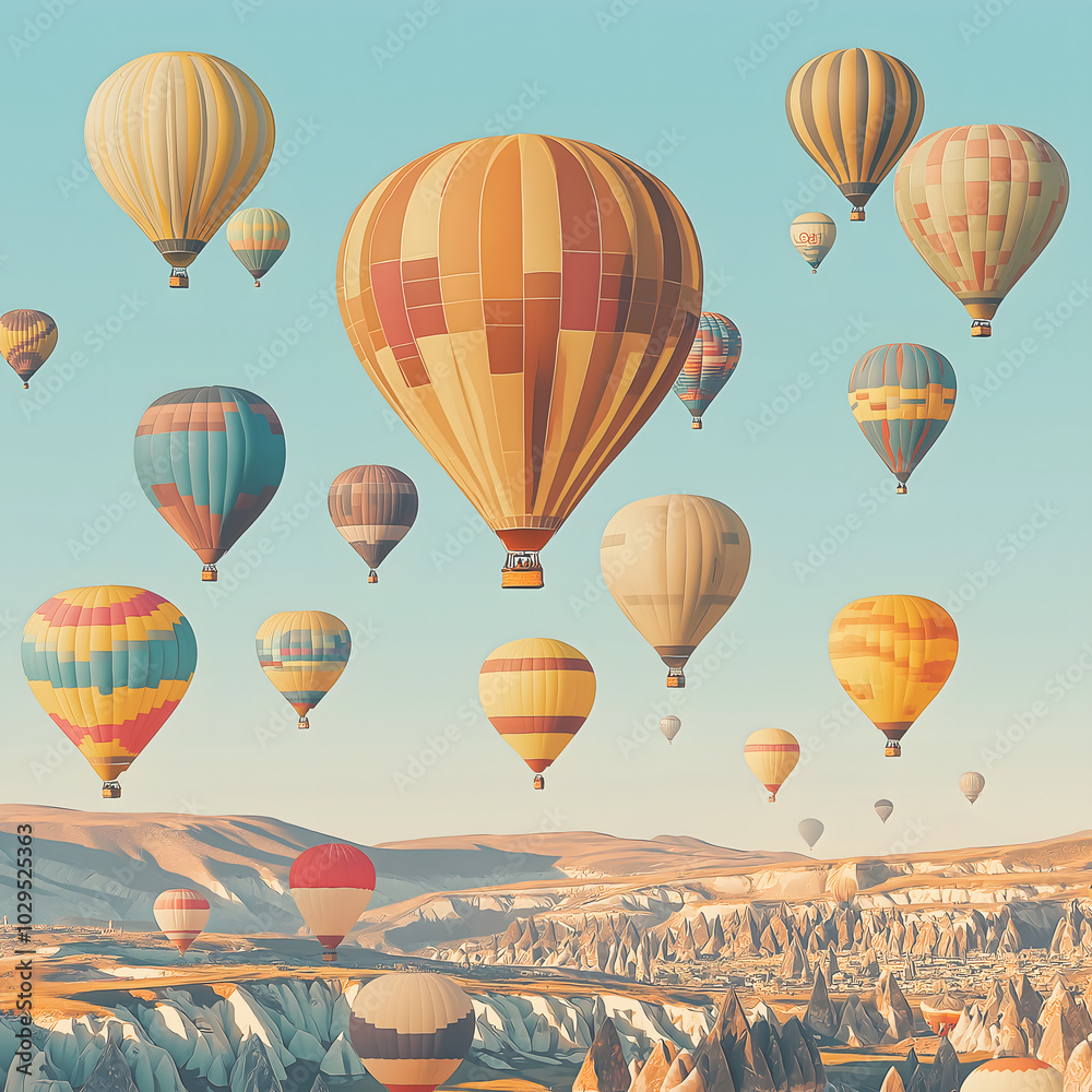 Obraz premium Colorful hot air balloons floating over a scenic landscape during a clear day, creating a dreamy and whimsical atmosphere, hot air balloon ascent day